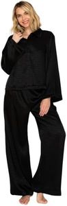 Badgley Mischka Silky Jacquard Satin Long Sleeve and Wide Leg Pajama Set Black
