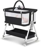 Baby Bassinet,3 in 1 Bedside Bassinet for Baby with Hanging Toys, Portable Foldable Bassinets Bedside Sleeper,4-Sided Mesh Bedside Crib with Wheels and Storage Basket,6 Height Adjustable (Black)