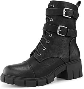 Hawkwell Women's Combat Boots Zipper Buckle Chunky Heel Ankle Booties,Black PU,7 M US