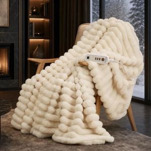 Cozy Bliss Heated Striped Faux Fur Blanket Electric Throw 84"x90", Fast Heating, 8 Heat Levels & 8 Timer Settings with Auto-Off, Overheat Protection ETL Certified, Machine Washable, Beige