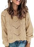 Dokotoo Womens Juniors Crewneck Fall Sweaters for Women Long Sleeve Solid Hollow Out Fashion Casual Loose Plain Chunky Knit Pullover Sweaters for Women Jumper Outerwear Khaki Medium