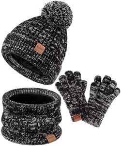 Kids Winter Hat Gloves Scarf Set,Girls Hats Beanie with Pom Knit Neck Warmer Gaiter Mittens Fleece Lined,Girls Accessories Cold Weather Set for Toddler Children Boys（Black Mix）