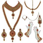 Lucky Jewellery Bridal Dulhan Designer 18k Gold Plated Gold Red Color Pearl Stone Set 9 pcs. for Women & Girls (3630-IZS-1611-LCT-RED)