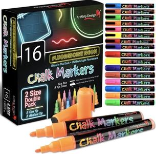 16 UV Fluorescent Neon Chalk Markers - Double Pack of Both Fine & Reversible Medium Tip Liquid Chalk Pens Wet Erasable Menu Boards, Glass, Whiteboards, Mirrors, Non-Porous Chalkboards, Plastic, Metal