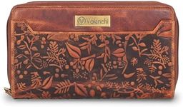 RFID Soft Flexible Leather Wallet for Women-Credit Card Slots, Mobile case Coin Purse with ID Window - Handmade by VALENCHI, Vintage Cognac-Flower, MEDIUM, Lw-02