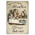 PAGAIXI Unique Plaques Poster for Bar Garage Man Cave Home Wall Decor Alice in Wonderland - Shall we Have Tea First Tin Sign 8 x 12 Metal Signs Vintage Funny