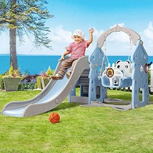 Keezi Kids Slide and Swing Set, 5 in 1 Climbing Frame Cubby House Toddler Fold Up Cardboard Slides Playground Outdoor Indoor Activity Sports Center Gym, with Ball Pump 3 Rings