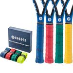 Raquex Enhance Replacement Racket Grip 4 Pack: Badminton, Tennis, Squash. Self-adhesive PU Racquet Grip Tape. 14 Colour Options. Recyclable cardboard outer gift packaging (Blue, Red, Green, Yellow)