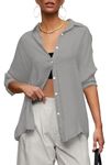 AISEW Womens Button Down V Neck Collared Shirts Dressy Casual Long Sleeve Roll Up Blouses Loose Cover Ups Tunic Tops (Grey, 7005XL)