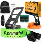 Primeful Slackline Kit 60 ft Length with Overhead Training Line, Arm Trainer, Wide Tree Protectors, Ergonomic Ratchet, Carry Bag and Instruction Manual – Slack Lines for Backyard for Kids and Adults