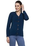 Kalt Women Full Sleeves Cable Button Acrylic V-Neck Sweater(Dark Teal;Large)