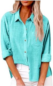 HXHYQKP Womens Button Down Shirts Gauze Cotton Dress Shirt Long Sleeve Boyfriend Solid Tunic Tops with Pockets