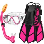 Adicop Kids Mask Fin Snorkel Set for 3-7 Years Old Boys and Girls with Panoramic Snorkel Mask Diving Goggles Dry Top Snorkel and Adjustable Fins for Snorkeling Swimming Freediving(Kids-Pink)