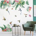 decalmile Green Tropical Leaves Wall Decals Tropical Hibiscus Flower Palm Leaf Wall Stickers Living Room Bedroom Office Wall Decor