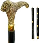 Zenia Designer Brass Lion Handle Wooden Walking Stick Cane Shaft - Elegant Vintage and Unique Decorative Gentleman Walking Stick - Gold