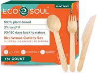 ECO SOUL 100% Compostable Cutlery Set (175 Pack) - 75 Wooden Forks, 50 Wooden Spoons & 50 Wooden Knives - Eco-Friendly & Disposable Cutlery Set - Wooden Cutlery for Picnic, Travel and Camping