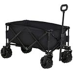 Outsunny Outdoor Folding Garden Trolley on Wheels, Pull Along Camping Cart, Cargo Wagon Trailer with Telescopic Handle, Big Wheels for Beach Garden, Black