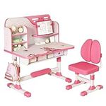 ohfruit Kids Table Chair Sets Multi Functional Desk Set with Drawers and Storage Adjustable Children School Study Table Chair Set with Pattern for Boys Girls Pink Cartoon 2