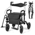 Goplus Walkers for Seniors with Seat, 2 in 1 Folding Rolling Rollator Walker & Wheelchair Combo with Brakes, 9" Pneumatic Tires for All Terrain, Aluminum Adult Mobility Walking Aid
