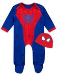 Marvel Baby Sleepsuits with Hat | Spiderman Baby Grows | Newborn Sleepsuit | Baby Clothes Blue Age 3 to 6 Months