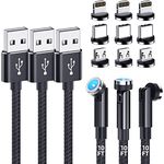 Magnetic Charging Cable [3-Pack,10FT/10FT/10FT] 540° Rotating Magnetic Phone Charger 3-in-1 Magnetic USB Cable with LED Light Nylon Braided Magnetic Charger for iProduct/Micro USB/Type C Device-Black