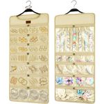 SMRITI Hanging Jewelry Organizer with Dual Zippered Pockets Canvas Double Sided Rotating Hanger Necklace Hanging Wall Organizer Earring Dustproof Holder Wall Mount Accessories Display Bag(Beige)