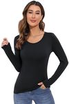 Qzzater Women's Long Sleeve T-Shirt Scoop Neck Rayon Slim Fit Stretchy Layer T Shirts Tops, Black, Medium