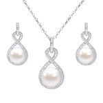 EleQueen Infinity Bridal Teardrop Button Jewelry Set 925 Sterling Silver CZ AAA Freshwater Cultured Pearl for Women Ivory Color, Valentine's Day/Mother's Day/Christmas Jewerly Gift for Wife/Mom