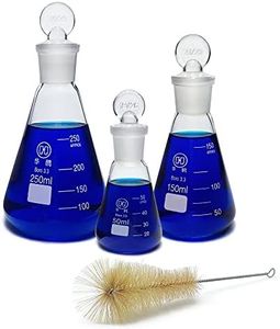 HUAOU 3pcs Glass Erlenmeyer Flask Set, 50ml 150ml 250ml Laboratory Flask with Stopper, Lab Chemistry 3.3 Borosilicate, Narrow Mouth, Printed Graduation, Conical Flask with Cleaning Brush