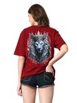 FITINC Cotton Oversized Drop Shoulder Lioness Print Maroon T-Shirt for Women