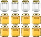 Encheng 16 oz Clear Hexagon Jars,Glass Jars With Lids(Golden),Mason Jars For Herbs,Foods,Jams,Liquid,Small Spice Jars For Storage 12 Pack