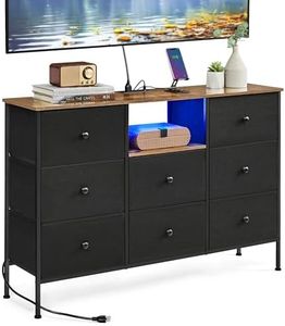 SONGMICS Chest of Drawers, Fabric Dresser with Power Outlets and LED Lights, 25 Colors, 8 Drawers, TV Stand for up to 60 Inch TVs, 11.8 x 47.2 x 31.3 Inches, Ink Black and Rustic Brown ULTS518B01