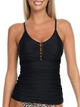 RELLECIGA Women's Black V Neck Shirred Tankini Top Swimsuits Tummy Control Bathing Suit Size Small