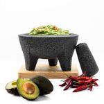 The Authentic Molcajete Mexicano Made of Lava Volcanic Rock, Set with Mortar, Pestle and Cutting Board Included - 8-Inch, Piedra Volcánica, for Oven use (Black)