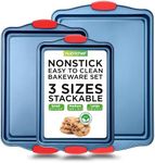 NutriChef Nonstick 3-Piece Baking Pans Set – Carbon Steel Bakeware with Blue Coating Inside & Outside and Red Silicone Handles, Durable and Reliable, Effortless Baking and Easy Cleanup (Blue)