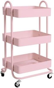 Levede 3 Tiers Kitchen Trolley Cart Steel Storage Rack Shelf Organiser Pink, Metal Utility Cart, 3-Tier Kitchen Trolley with 4 Wheels, Rolling Storage Cart Trolley for Kitchen Storage & Organisation