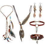 MILACOLATO Bohemian Jewelry Set Boho Feather Pendant Dangle Earrings Leather Pendant Brown Feather Necklace Choker Necklace Handmade Woven Beaded Bracelet Bohemian Headwear Tribal Jewelry Gift