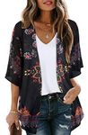 Women's 3/4 Sleeve Floral Print Kimono Cardigan Sheer Loose Casual Chiffon Swimsuit Cover up (Red Black,2XL)