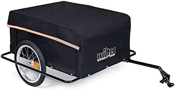 Bicycle trailer up to 65kg with wheel-protection frame, foldable draw-bar, and quick coupling