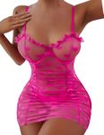 Aranmei Sexy Babydoll Lingerie for Women Heart Mesh Frill Trim Underwire Nightwear Lace Chemise Sexy Nightgown Rose S