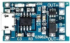 Li-ion Charging Module TP4056 + DW01, 1A Charging Current, MicroUSB for 3.7V LiIon Battery/LiPo Batteries/1-Cell Battery/Single Cell Battery(MicroUSB with DW01 protection IC)