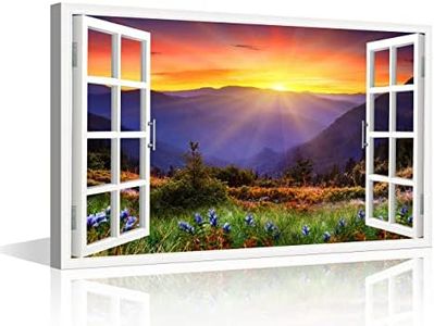 Window Frame Wall Decor A Peaking View Through The Forest of The Morning Sunrise Picture Canvas Wall Art for Bedroom Canvas Wall Art Modern Artwork Office Decor Framed Ready to Hang (18"W x 12"H)