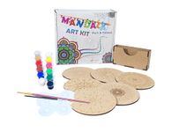 StepsToDo Wooden Mandalas Paint Kit A. Tea Coaster Set. Mandal Art. Set of 6 of Wooden Base of 4 inch. with Wooden Case, Colours, Painting Brush and Dish