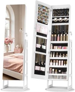 LVSOMT 360° Swivel Jewelry Cabinet with 6 LED Lights, Framelss Full Length Mirror with Storage, Standing Lockable Jewelry Organizer Armoire with 4 Rear Shelves & Hooks, White Surface, Black Lining