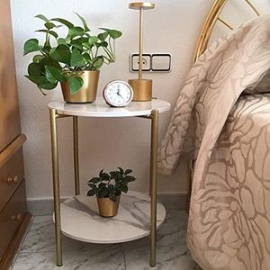 Marble Top Side Table Gold: 2 Tier Round Shape End Tables 40.5 x 55cm Sintered Stone Bedsides with Metal Golden Legs Modern White Nightstand Circular Sofa Corner Table for Living Room Reception