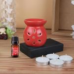 Coku Ceramic Diffuser Pot Essential Oil Burner Clay Lamp Wax Warmer Aromatherapy Oil Diffuser with 4 Tea Lights & 10ml Rose Aroma Oil for Home, Office Spa, Meditation Or Yoga (Red)