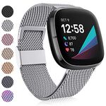 Faliogo Compatible with Fitbit Versa 3 Strap/Fitbit Versa 4 Strap/Fitbit Sense Strap, Adjustable Stainless Steel Metal Replacement Strap with Magnet Lock for Versa 4/Versa 3/Sense, Small Silver