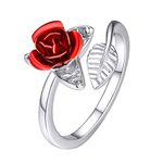 Suplight Silver Red Rose Ring Wedding Anniversary Love Jewelry Red Flower Floral Leaf Adjustable Open Ring Personalized Gifts for Her