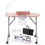 Safstar 35-inch Portable Nail Table, Folding Manicure Table Nail Station W/Electric Dust Collector, Bendable LED Table Lamp, Carry Bag, 4 Lockable Wheels, Portable Nail Desk for Nail Tech (Pink)