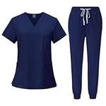 YIJU Female Scrub Set Nurse Workwear V Neckline Professional Machine Washable Top and Joggers Pant Work Clothing for Beauty Center, Navy Blue, XL